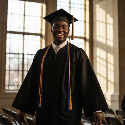 Student wearing multiple Greek honor cords and a cap and gown, looking proud during a graduation ceremony, academic setting, no text, no words, no typography