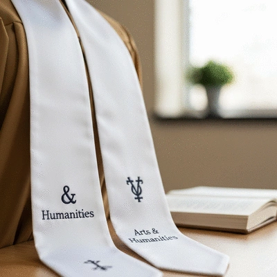 White graduation stole with subtle embroidery, symbolizing arts and humanities, purity, and new beginnings, against a soft, blurred academic background, no text, no words, no typography, no labels, clean image