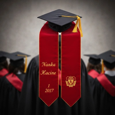 Close-up of a personalized graduation stole with embroidered details like a name and year, against a blurred academic background