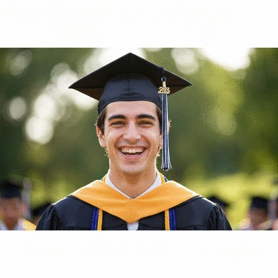 A happy and proud graduate in cap and gown, smiling brightly at a graduation ceremony, no text, no words, no typography, 8K, natural lighting