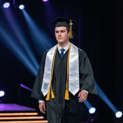 Student wearing a white graduation stole with academic regalia, walking across a stage, symbolizing tradition, achievement, and family legacy, blurred background, no text, no words, no typography, no labels, clean image