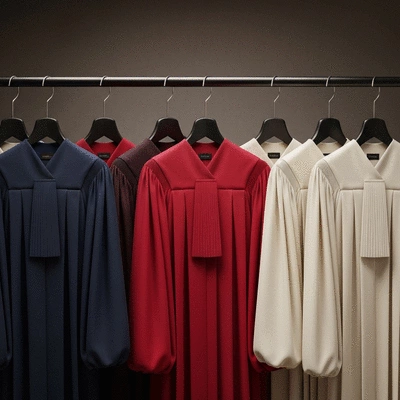 Several types of judge robes displayed on hangers, showcasing different styles and fabrics