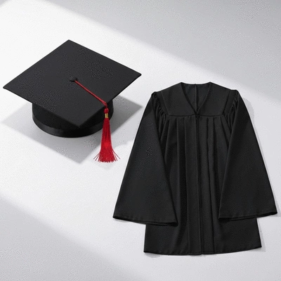 A complete graduation cap, gown, and tassel set laid out neatly on a clean surface, no text, no words, no typography, 8K, professional product photography
