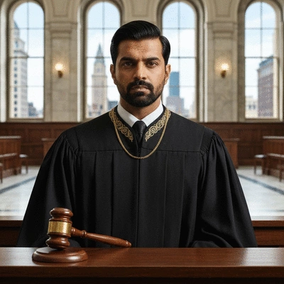 Judge in a traditional black robe, gavel resting on a wooden bench, symbolizing authority and justice, clean image
